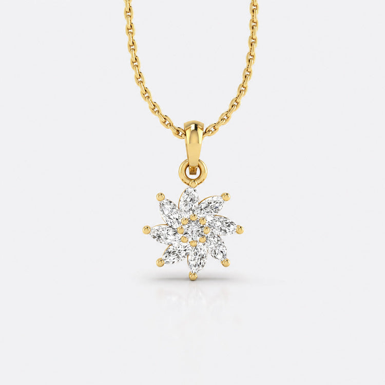 Pinwheel lab-grown diamond pendant necklace in 14k solid yellow gold with marquise and round cut diamonds