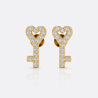 Heart-shaped key lab-grown diamond stud earrings in 14k solid yellow gold