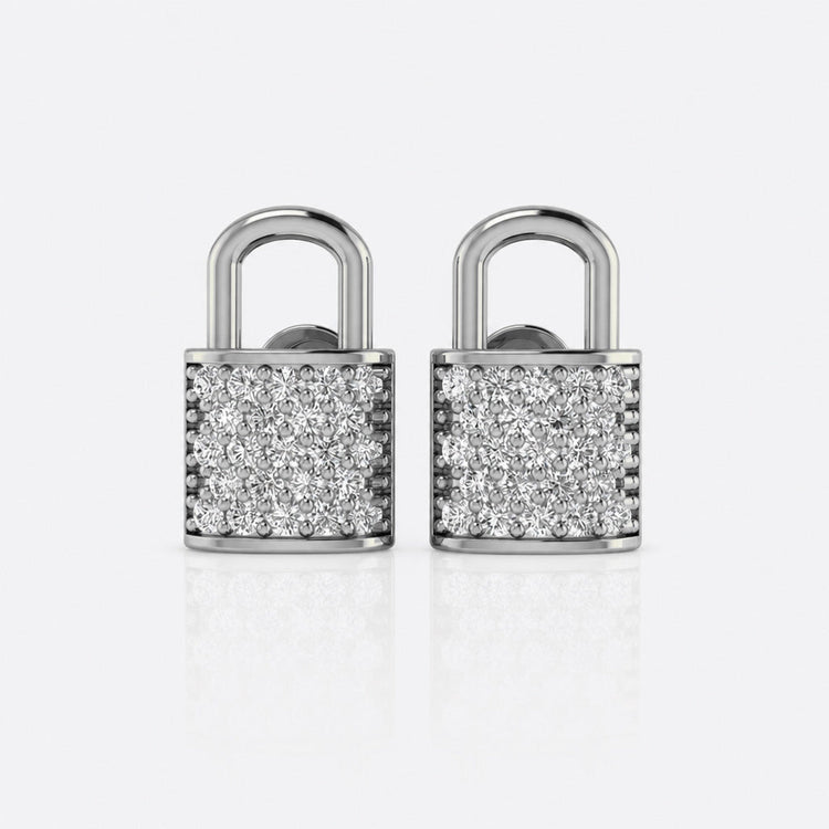 Padlock pave lab-grown diamond stud earrings in 14k solid white gold