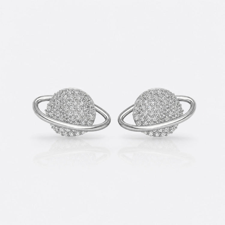Planet lab-grown diamond stud earrings in 14k solid white gold with polished orbital ring
