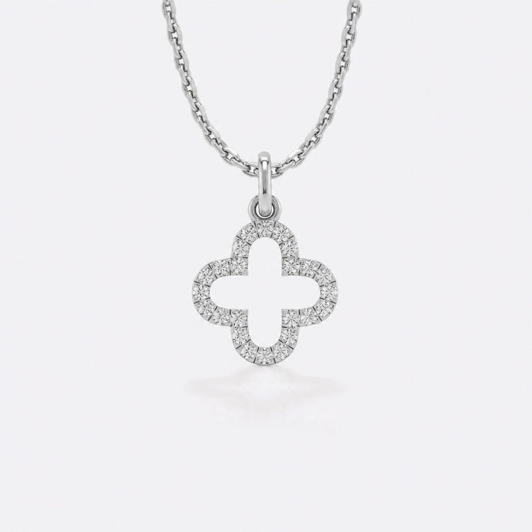 Four leaf open clover lab-grown diamond pendant necklace in 14k solid white gold