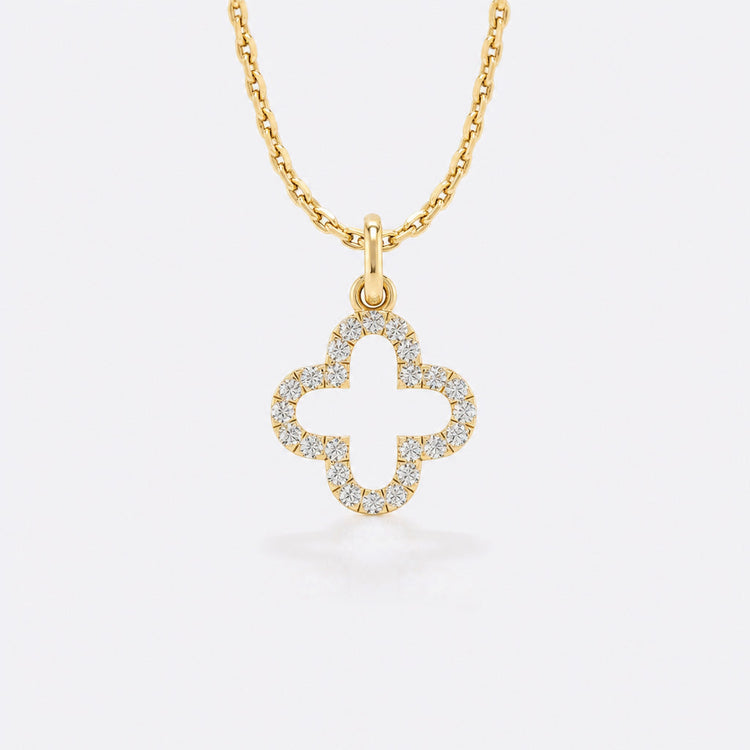 Four leaf open clover lab-grown diamond pendant necklace in 14k solid yellow gold
