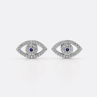 Evil eye lab-grown diamond stud earrings in 14k solid white gold with blue diamond centre