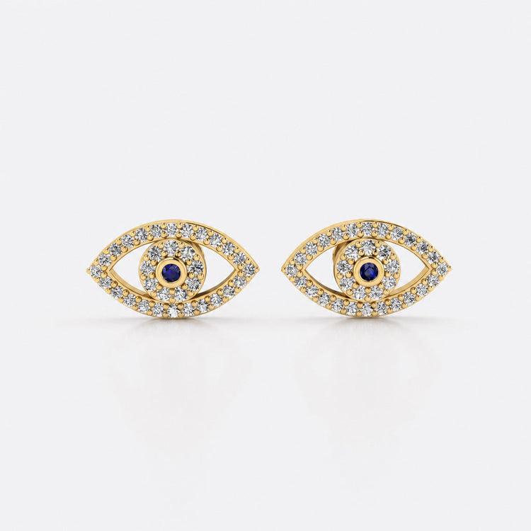 Evil eye lab-grown diamond stud earrings in 14k solid yellow gold with blue diamond centre