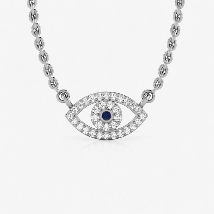 Evil eye lab-grown diamond pendant necklace in 14k solid white gold with blue diamond centre