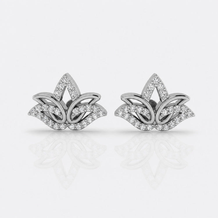 Lotus flower openwork lab-grown diamond stud earrings in 14k solid white gold