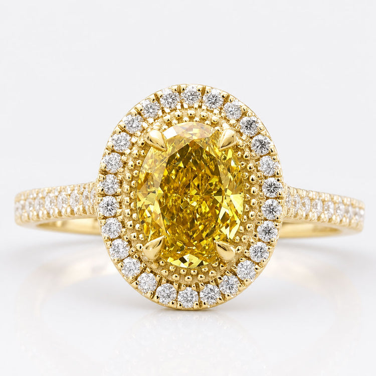 Oval Cut Fancy Yellow Lab-Grown Diamond Wrap Pavé Halo Milgrain Ring 1 CT
