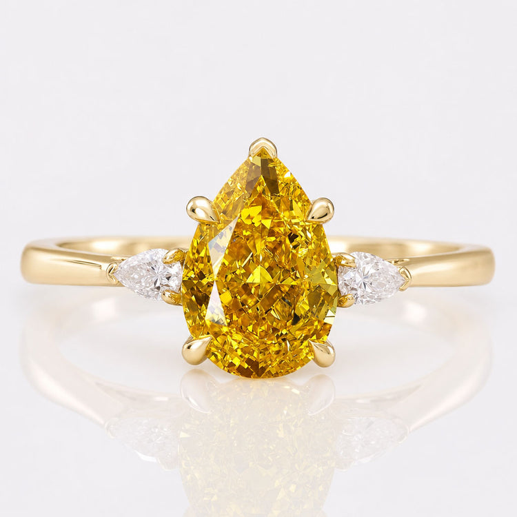 Pear Cut Intense Yellow Lab-Grown Diamond Three Stones Ring 1.6 CT