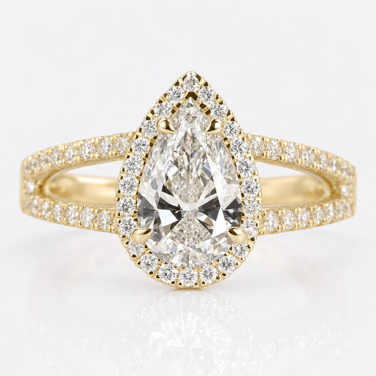 Pear Cut Lab-Grown Diamond Halo Pavé Split Shank Ring 1.1 CT