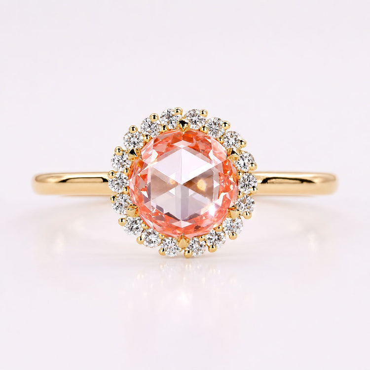 Round Rose Cut Peach Sapphire Cluster Halo Ring