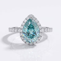 1.82 TCW Cyan Blue Pear Cut Halo Pave Moissanite Ring - Silver - Size N