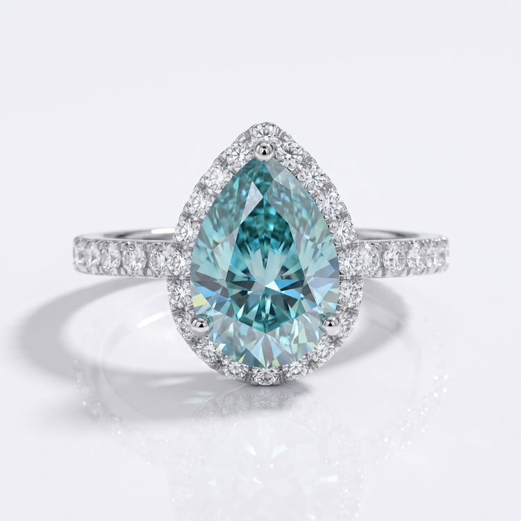 1.82 TCW Cyan Blue Pear Cut Halo Pave Moissanite Ring - Silver - Size N