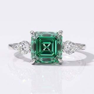 1.85 TCW Asscher Step Cut Green Moissanite Three Stone Ring - Silver - Size N