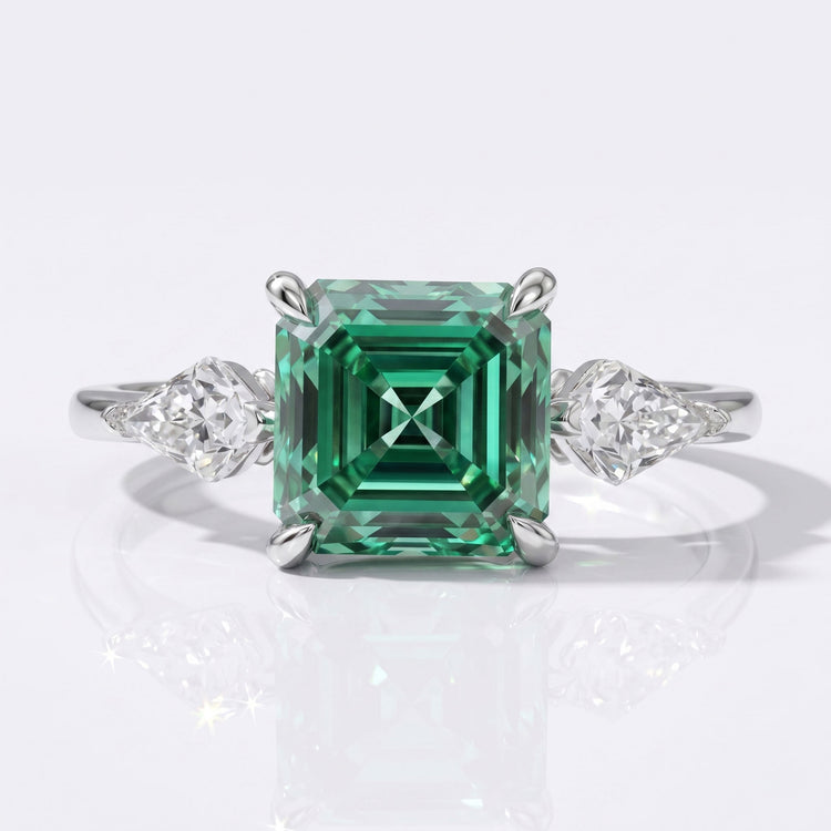 1.85 TCW Asscher Step Cut Green Moissanite Three Stone Ring - Silver - Size N