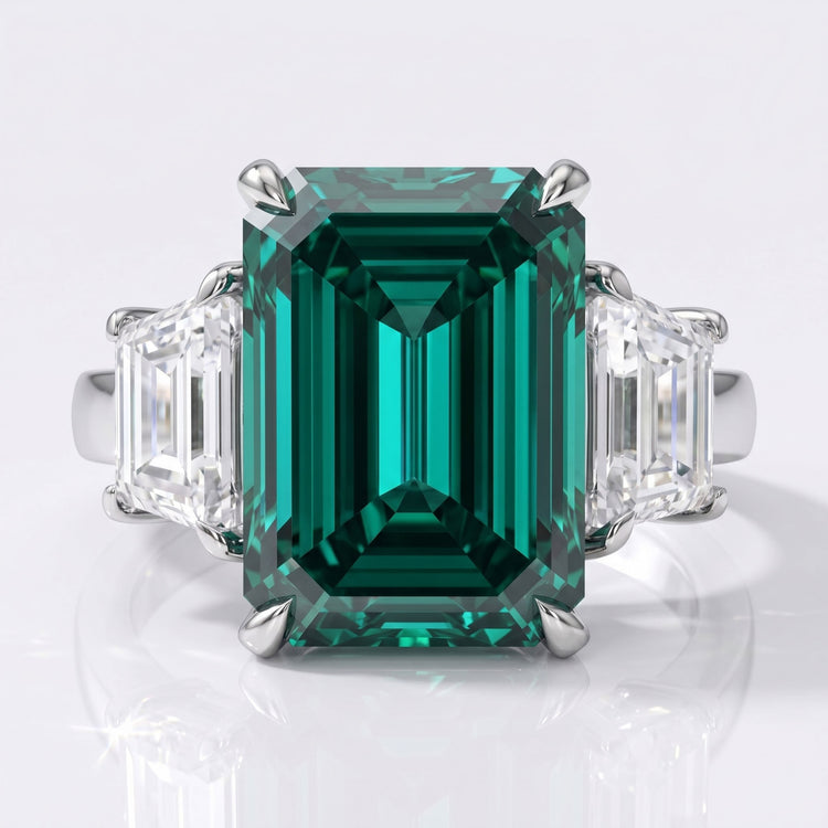 8.38 TCW Green Emerald Cut Moissanite Ring - Silver - Size N