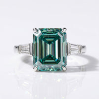 Emerald Cut Cyan Blue Moissanite Three Stone Ring 3.87 CT - Silver - Size N