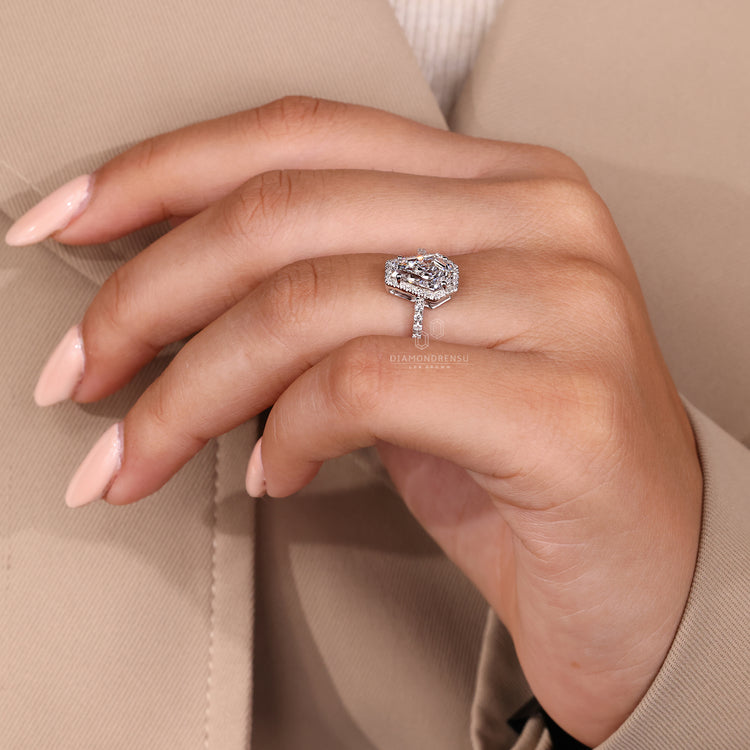 Handmade coffin cut diamond ring halo pave design.