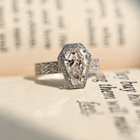Coffin diamond ring art deco double pave halo set.