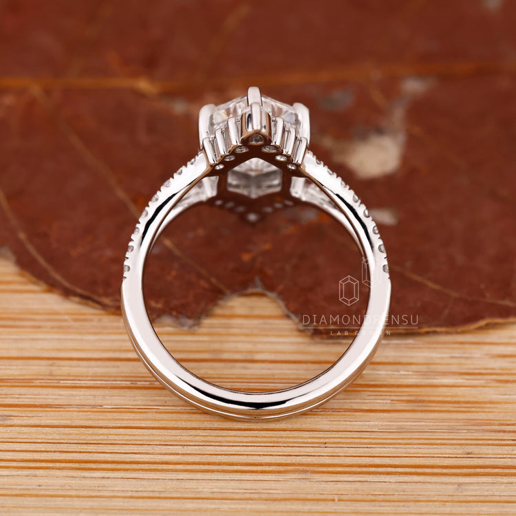 Hexagon diamond ring double curved band six claw.
