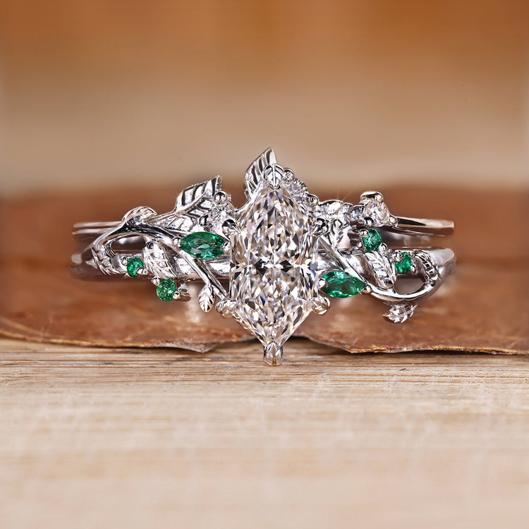Dutch marquise diamond bridal set with green emeralds.