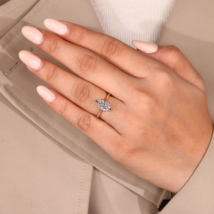 Handmade Dutch marquise ring hidden halo design.