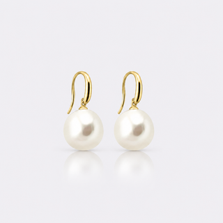 12-13mm white semi-baroque freshwater pearl earrings on 9k yellow gold hooks