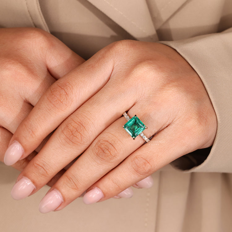 Asscher gemstone ring emerald pave round diamond band.