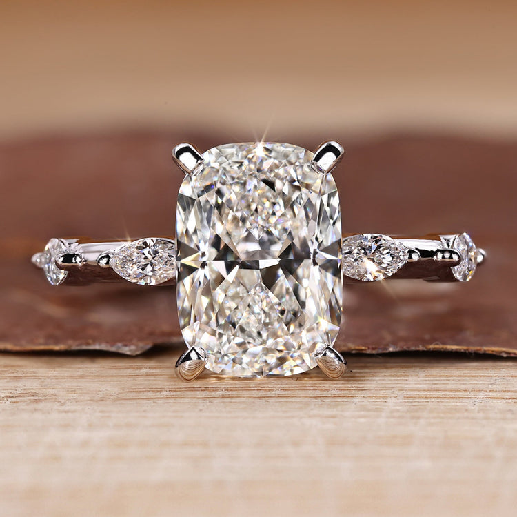 Cushion cut diamond ring hidden halo distance pave.