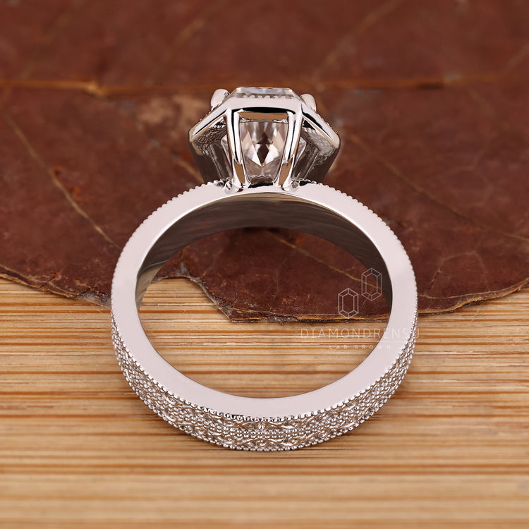 Coffin diamond ring art deco milgrain pave setting.