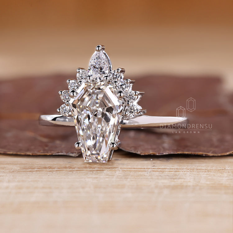 Lab grown coffin diamond ring vintage style.