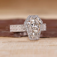 Lab grown coffin diamond ring double pave halo.