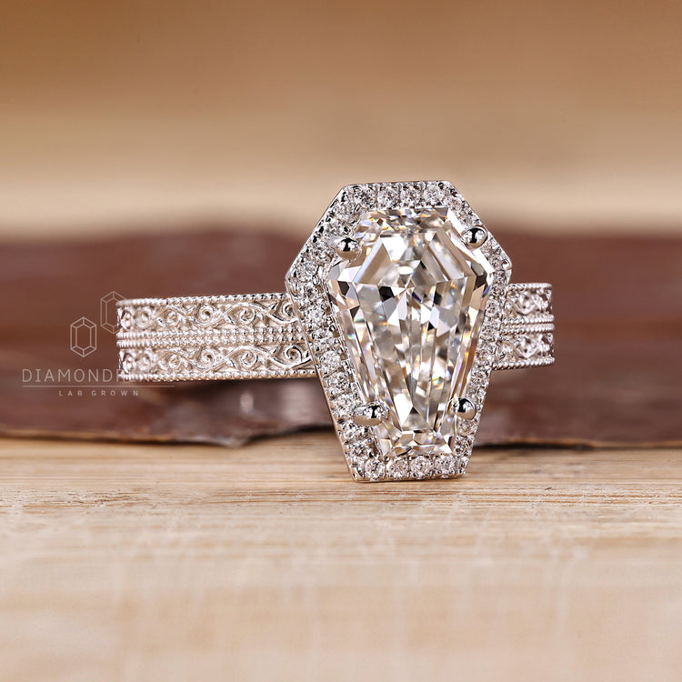 Lab grown coffin diamond ring double pave halo.