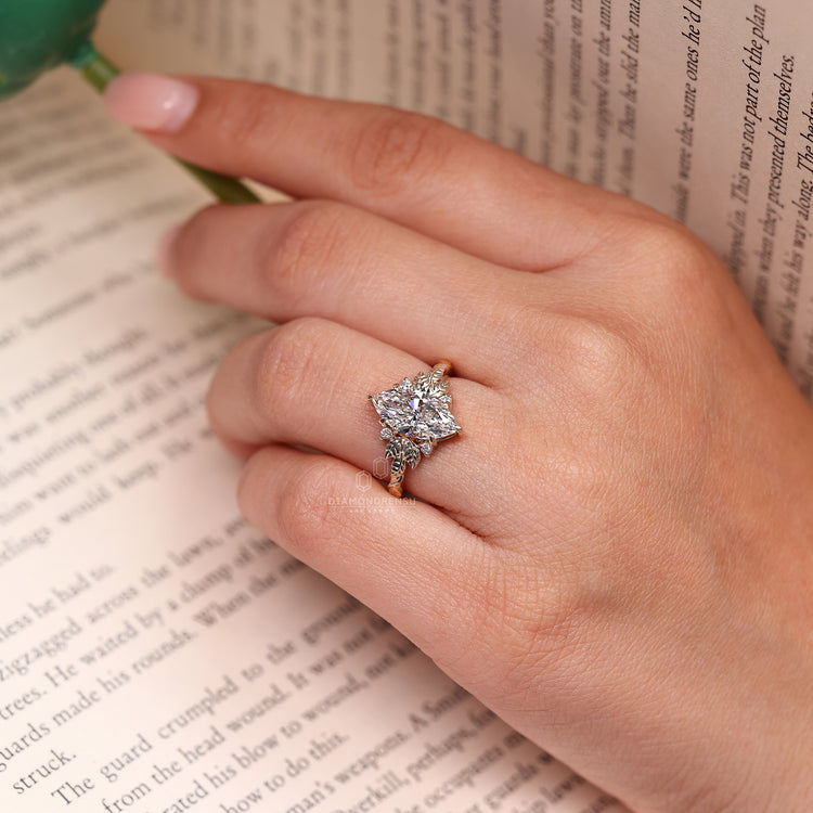 Lab grown marquise cut diamond ring in art deco style.