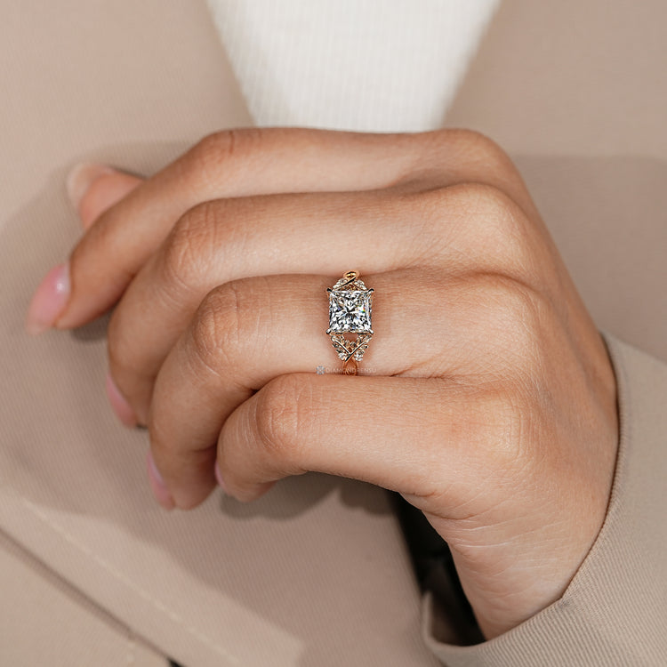 Lab grown princess cut diamond ring with twisted shank.