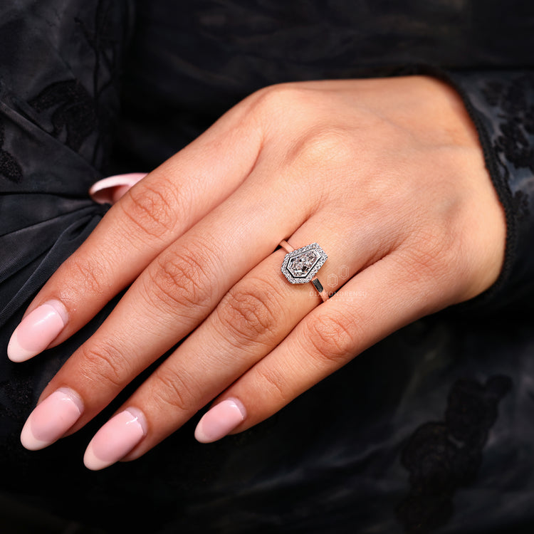 Coffin cut ring bezel setting halo design.