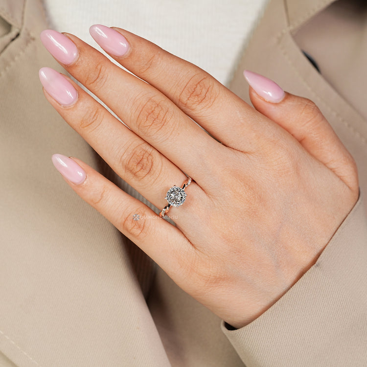 Lab grown Portuguese diamond ring with hidden halo.