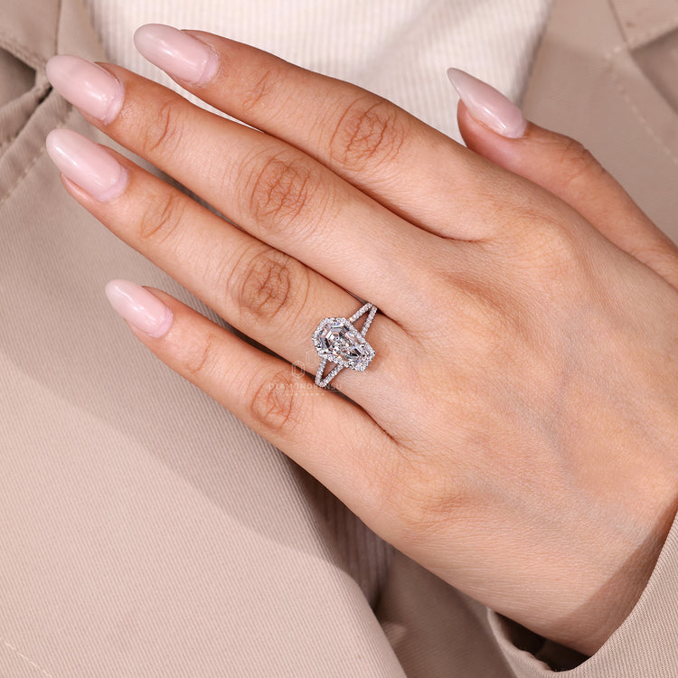 Coffin cut diamond ring IGI certified halo.
