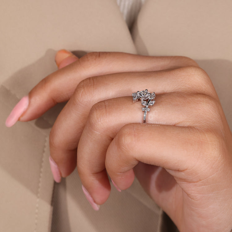 Unique round cut diamond engagement ring.
