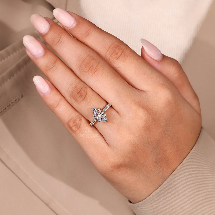 Cathedral setting ring and hidden halo engagement ring.