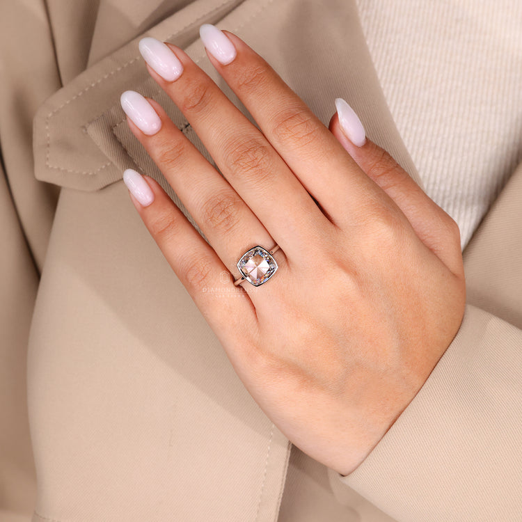 Handmade ring with cushion rose cut engagement ring.