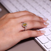 Oval cluster halo ring in white gold.