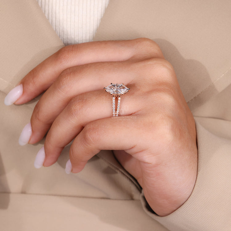 6 claw prong setting used in Dutch marquise engagement ring.