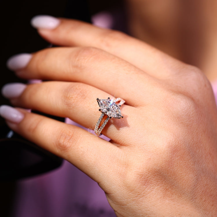 Bridge accent ring in rose gold engagement ring.