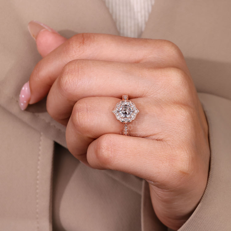 Handmade Hexagon Cut Diamond Ring pave setting.