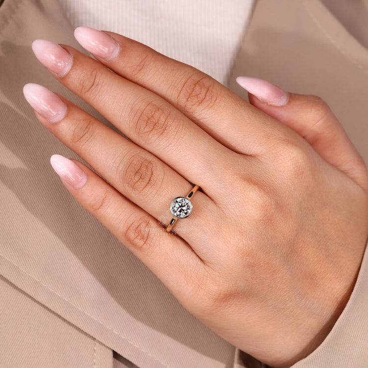 Lab Grown Round Old European Cut solitaire diamond ring.
