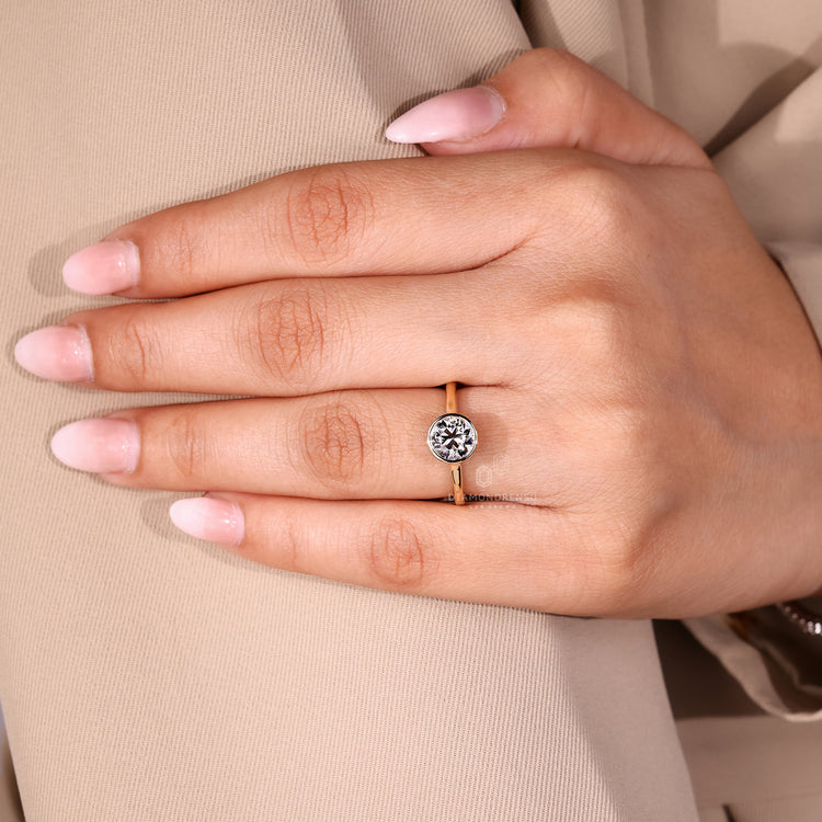 Round Old European Cut Ring classic cathedral solitaire style.