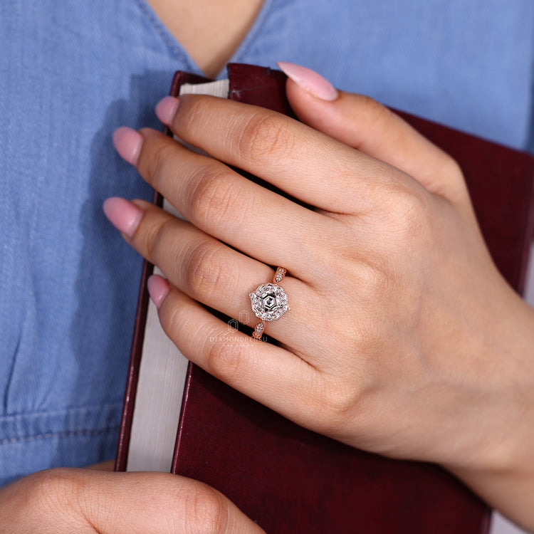 Hexagon Cut Diamond Ring cathedral four prong style.