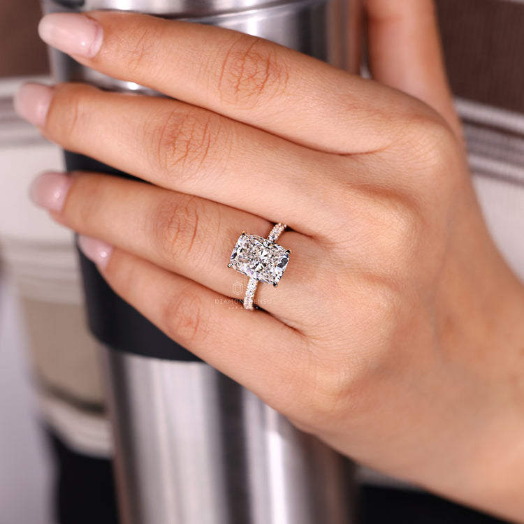 Lab grown diamond elongated cushion ring handmade.