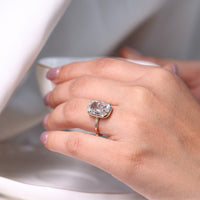 Lab grown cushion old European cut diamond ring.