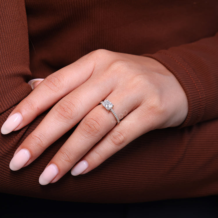 Cathedral setting ring and hidden halo engagement ring.